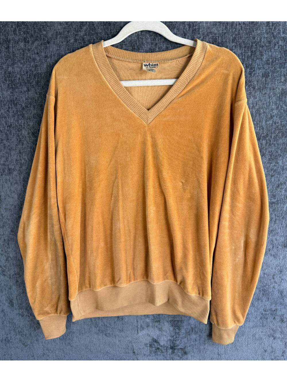 Vintage Whim 70s 80s Velour V Neck Sweater Mens Large Mustard Gold Pullover